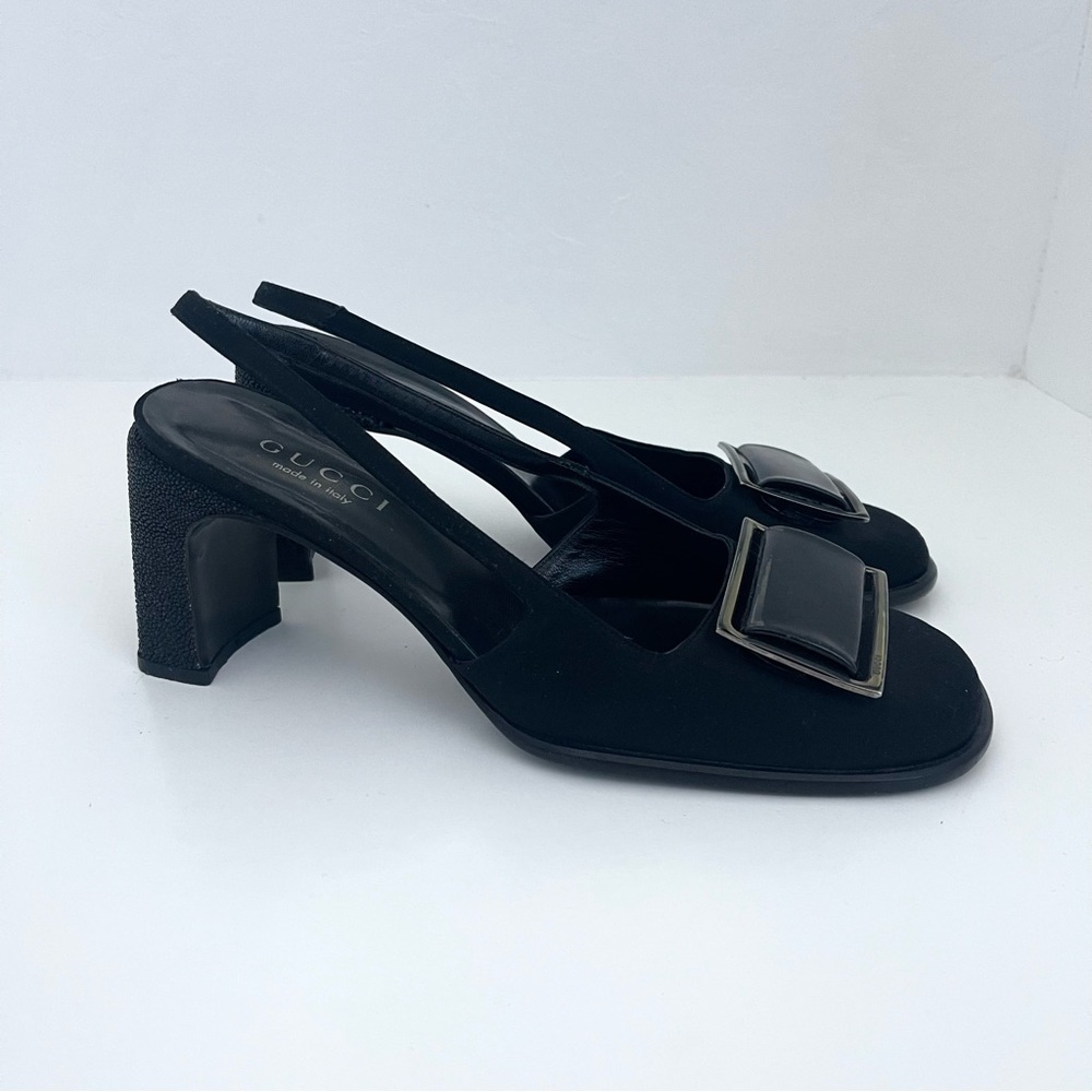 Vintage Gucci Square Buckle Round Toe Sparkly Block Mary Janes Slingbacks Heels - Picture 6 of 10
